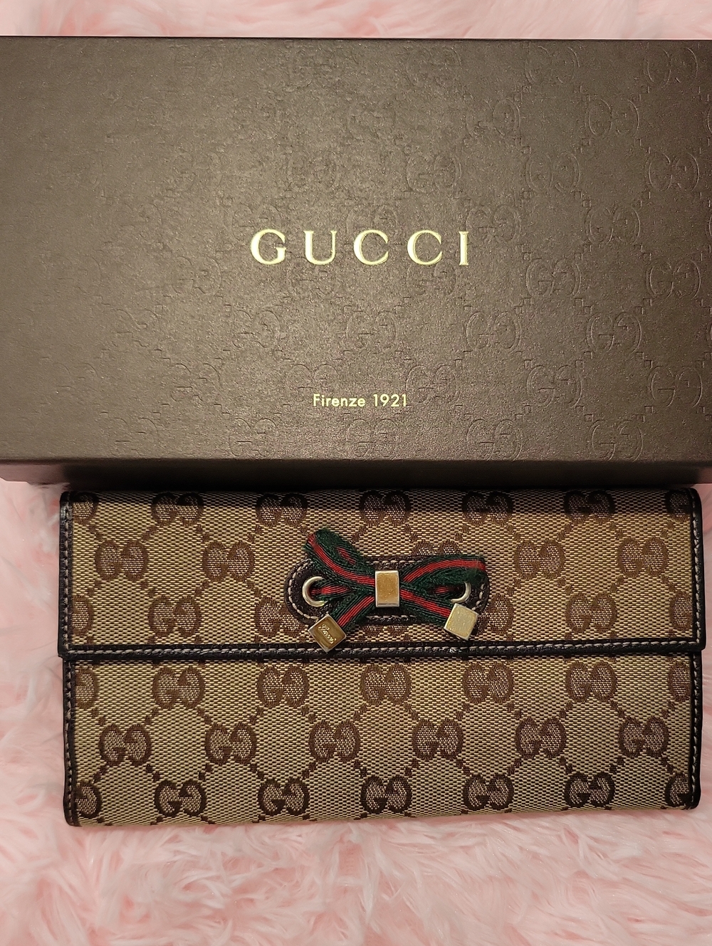 Gucci Brown GG Supreme Continental Wallet with Green-Red Bow Accent